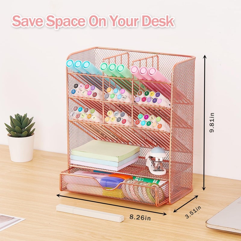 Spacrea Pen Holder Desk Organizer - Desk Organizers and Accessories, Pencil Holder with 10 Compartments and 1 Drawer（Rose Gold） - Image 5